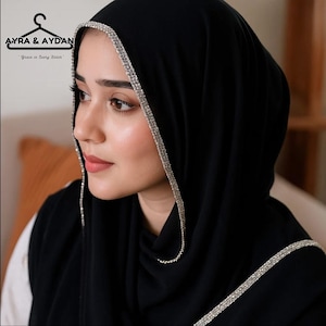 Rhinestone Edge Chiffon Hijab | Luxury Crystal Border Shawl | Formal Wedding Head Scarf | Solid Color Muslimah Wear for Eid & Events, 20