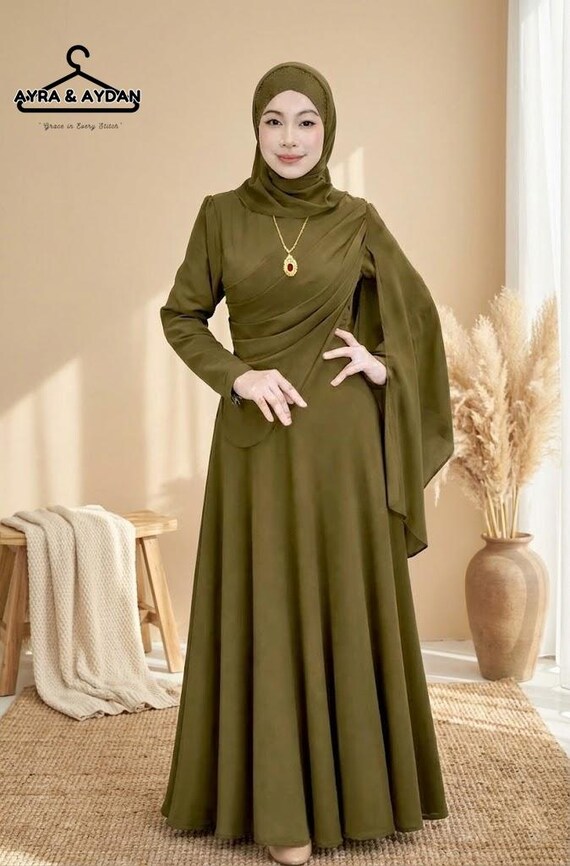 Modest Dress, Draped Maxi Gown, Elegant Cape Sleeve Abaya Style, Wedding Guest Outfit, Formal Evening Wear with Hijab, 10 Color Options
