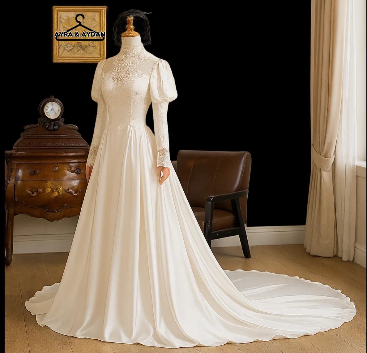 Antique Off-White Wedding Gown – Modest Wedding Dress with Long Sleeves | Elegant Engagement & Bridal Dress for a Romantic Wedding