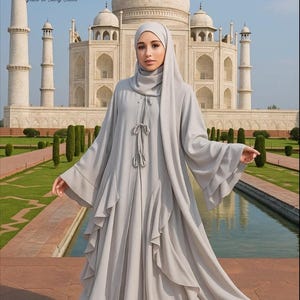Chiffon Outer Abaya Set with Shawl | Modest Muslim Wear | Adjustable Ribbon & Semi-Curved End Shawl