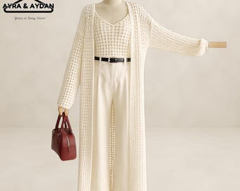Long Knit Cardigan Duster, Cream Open-Knit Maxi Sweater, Boho Beach Cover Up, Lightweight Summer Knitwear