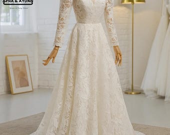 French Lace Off-White Wedding Gown – Modest Wedding Dress with Long Sleeves | Elegant Engagement & Bridal Dress for a Romantic Wedding