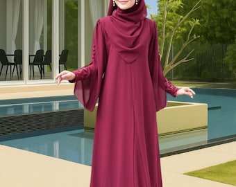 Elegante vestido de noche modesto con encaje de lujo / Chal gratis, compatible con hiyab / Manga larga estilo islámico / Vestido de dama de honor / Vestido de graduación