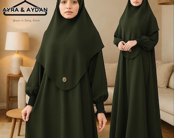 Einteiliger Jilbab mit freiem separatem Hijab, olivgrünes Gebetskleid, obenliegende Abaya, islamisches Khimar-Kleid, bescheidene muslimische Kleidung für Salah