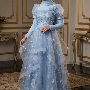 strapless open back dress A-Line Puff Sleeves Satin Blue Long Prom Dress, Blue Long Formal Dress –  shopluu main image 0