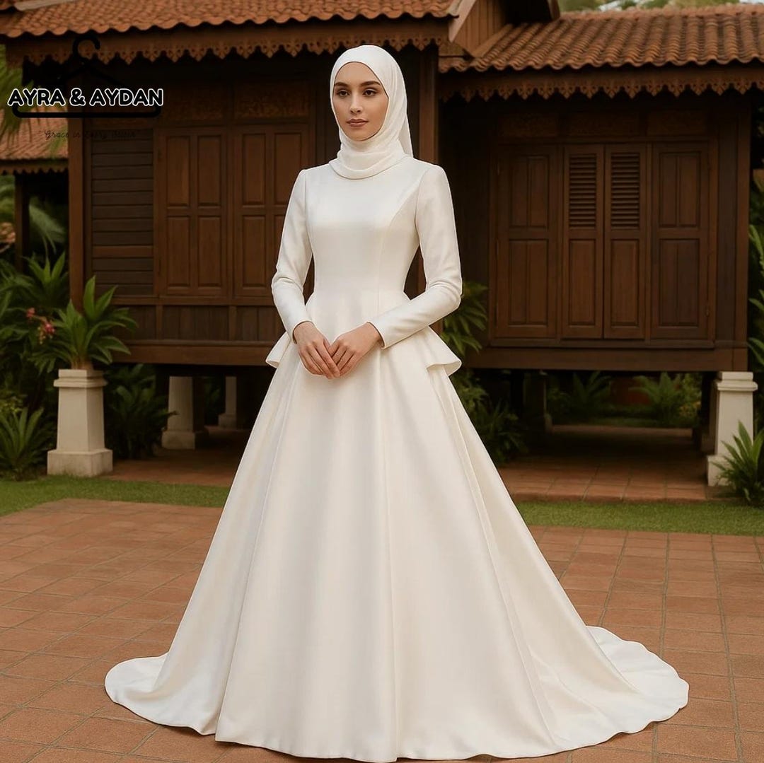 Simple Muslim Wedding Dress No Slit Long Sleeve Modest Bridal Gown main image 1