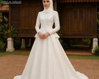 Modest Muslim Bridal Gown - Milky White Wedding Dress with French Style | Simple wedding dress | Minimalist Dress | Long Sleeve Bridal Dress