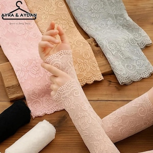 Armmouwen met kant | Vingerloze handschoenen UV-zonbescherming | Cottagecore-handsokken met bloemen | Doorzichtig bruidsaccessoire | Zomer hoes aandrijfarm