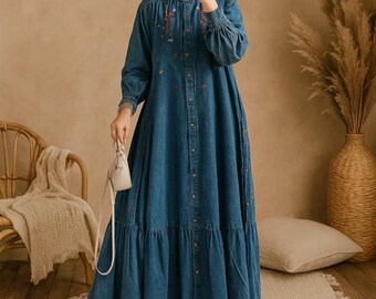 modest denim dress Modest Navy Blue Denim Long Dress 19107L