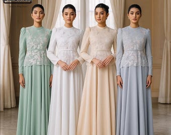 Elegante bescheiden lange jurk met kantborduurwerk, galadinerjurk bruidsmeisjes, avondjurk in kebaya-stijl, gelegenheidskleding moslima, custom-fit