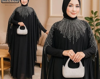 Rhinestones Abaya, Dubai Style Farasha Kaftan, Modest Islamic Clothing, Layered Chiffon Maxi Dress, Eid Mubarak Gown