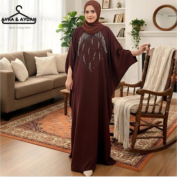 Embellished Brown Kaftan Abaya Dress, Modest Islamic Batwing Dress for  Women, Loose Fit Dubai Style Caftan, Muslim Maxi Dress, Eid Gift - Etsy