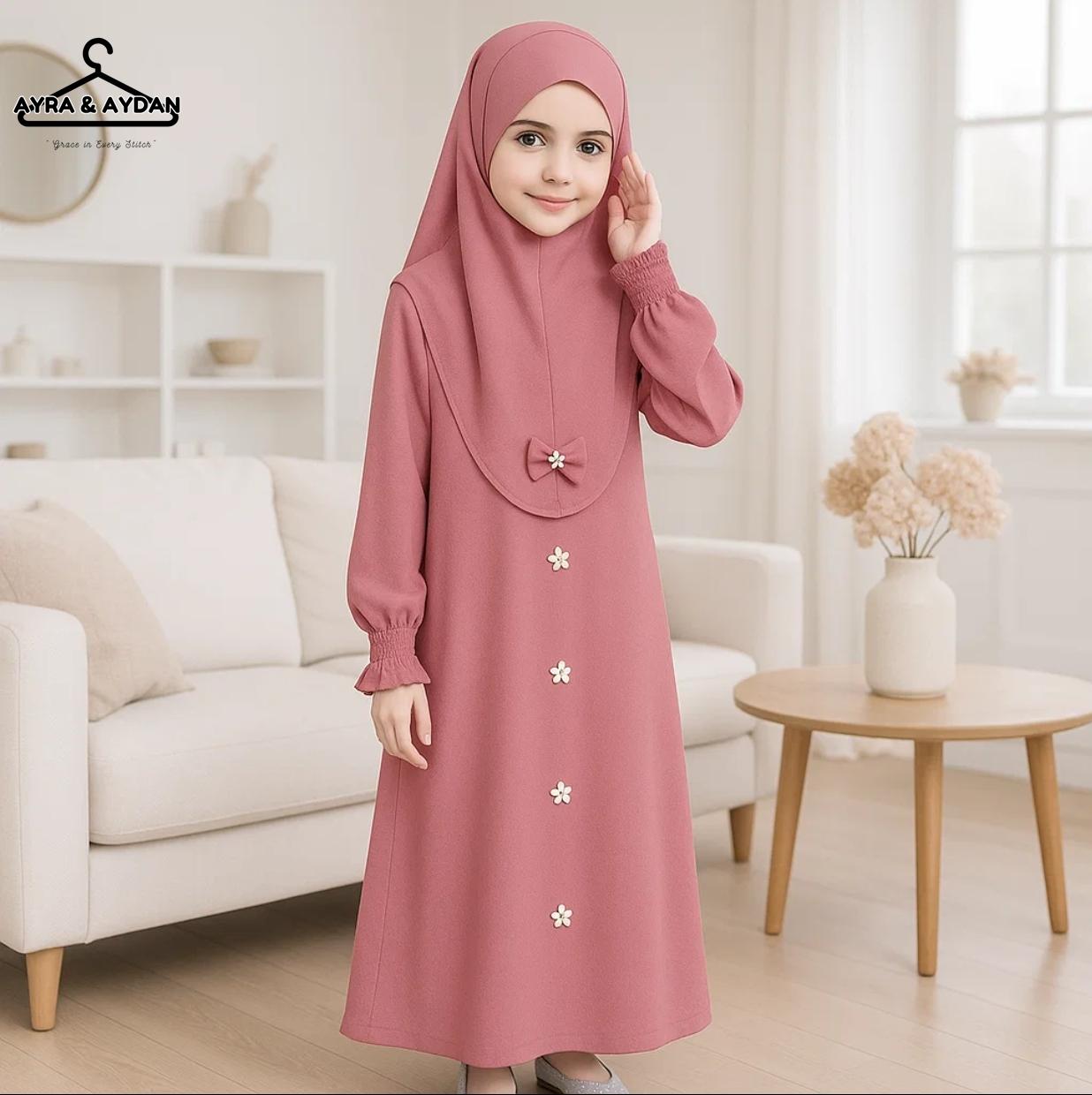 Ironless Kids’ Abaya Set with Front Diamond Star & Free Hijab – Ages 2-12 | 12 Color Options