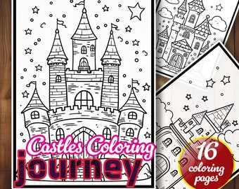 Kids' Castle Coloring Pages Set: Downloadable PDF Files, 16 Pages, Fantasy Art, Fairy Tale, Royal Kingdom, Princess Castle