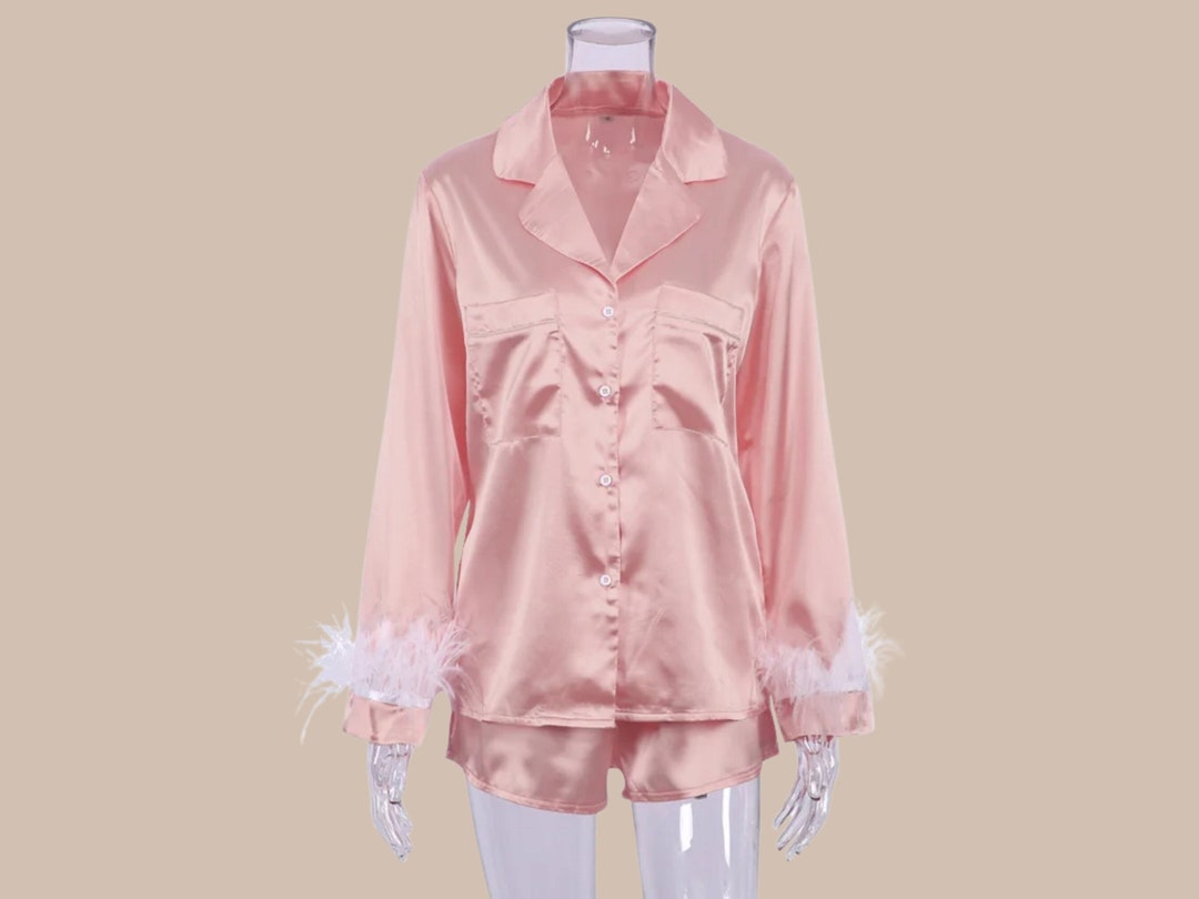 Pajamas With Feathers, Bridesmaid Feather PJ Set, Feather Cuff Pajamas