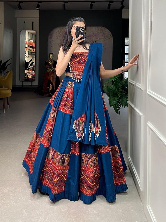 Blue Color Pure Cotton Navratri Lehenga Choli With Printed Foil Work Navratri Chaniya Choli Etsy Australia