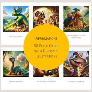 Affirmationskarten für Kinder | 30 Affirmationen Dinosaurier Illustrationen | Achtsamkeitskarten | Selbstvertrauen | DIN A4 A6 US Letter Postkarte