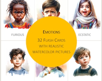 Kids Emotions Flashcards | Printable Montessori Feeling Cards | Feelings Cards for Toddlers and Preschoolers | Realistic Watercolor Pictures