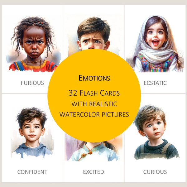 Kids Emotions Flashcards | Printable Montessori Emotion Cards | Feelings Cards for Toddlers and Preschoolers | Realistic Watercolor Pictures