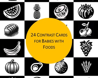 Kontrastreiche Baby Karteikarten - Erste Lebensmittel - Schwarzweiße Baby Säugling Karten 0-3-6 Monate Bauch Zeit Montessori Gehirn Visuelle Entwicklung