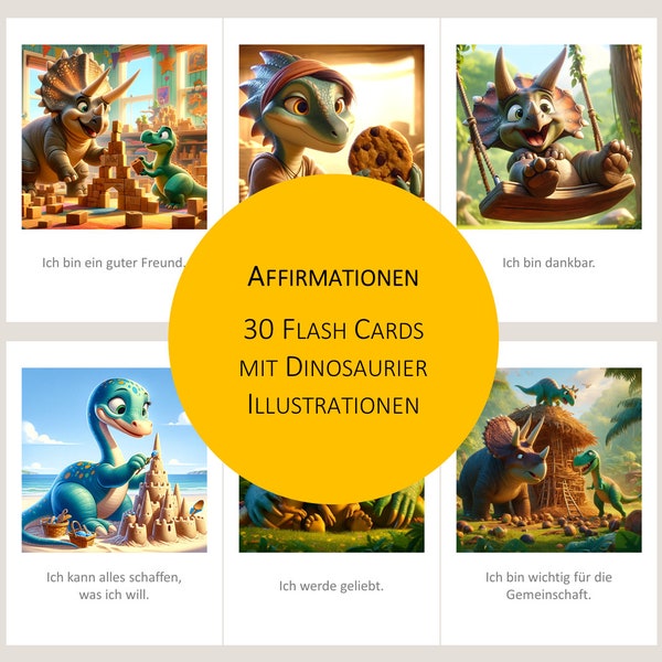 Affirmationskarten für Kinder | 30 Affirmationen Dinosaurier Illustrationen | Achtsamkeit Karten | Selbstbewusstsein | DIN A4 A6 | Deutsch