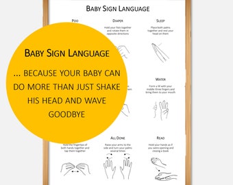 May include: A black and white printable poster with illustrations of baby sign language. The poster includes signs for "poo", "diaper", "sleep", "water", "all done", "read", and "goodbye".
