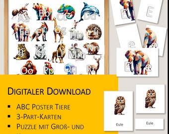 Alphabet Poster | Tiere A-Z | Lernkarten | ABC Bild | DIN A4 A3 | Kinderzimmer | Deutsch | Buchstaben Plakat | Digitaler Download