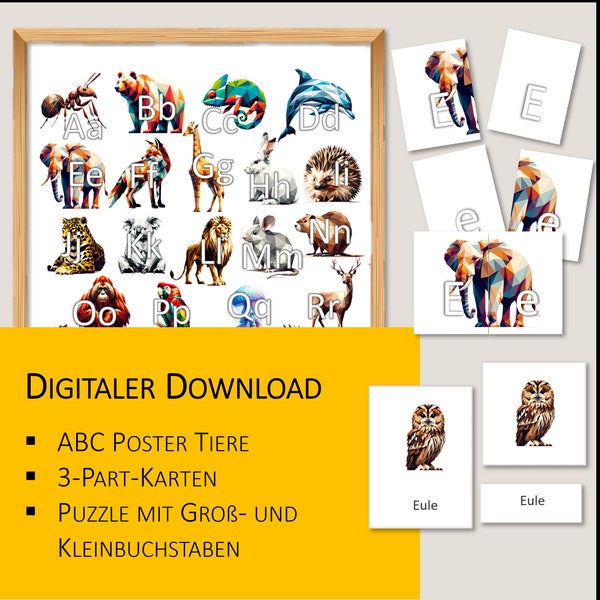 Alphabet Poster | Tiere A-Z | Lernkarten | ABC Bild | DIN A4 A3 | Kinderzimmer | Deutsch | Buchstaben Plakat | Digitaler Download