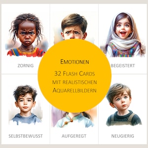 Emotionen Karten für Kinder / Flashcard Montessori stampabili / Gefühle Lernkarten / PDF / Deutsch / Bildkarten / Aquarell / Gefühlekarten