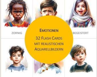 Emotionen Karten für Kinder | Printable Montessori Flashcards | Gefühle Lernkarten | PDF | Deutsch | Bildkarten | Aquarell | Gefühlekarten