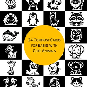 Flashcards de alto contraste para bebês – Animais fofos – Cartões para bebês em preto e branco 0-3-6 meses Tempo de barriga Montessori Desenvolvimento visual do cérebro