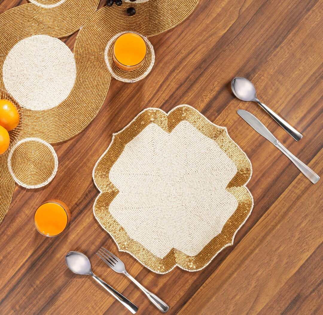 Ivory and Gold Beaded Placemat, Table Mat for Dining Table Decoration, 13 Inches Etsy