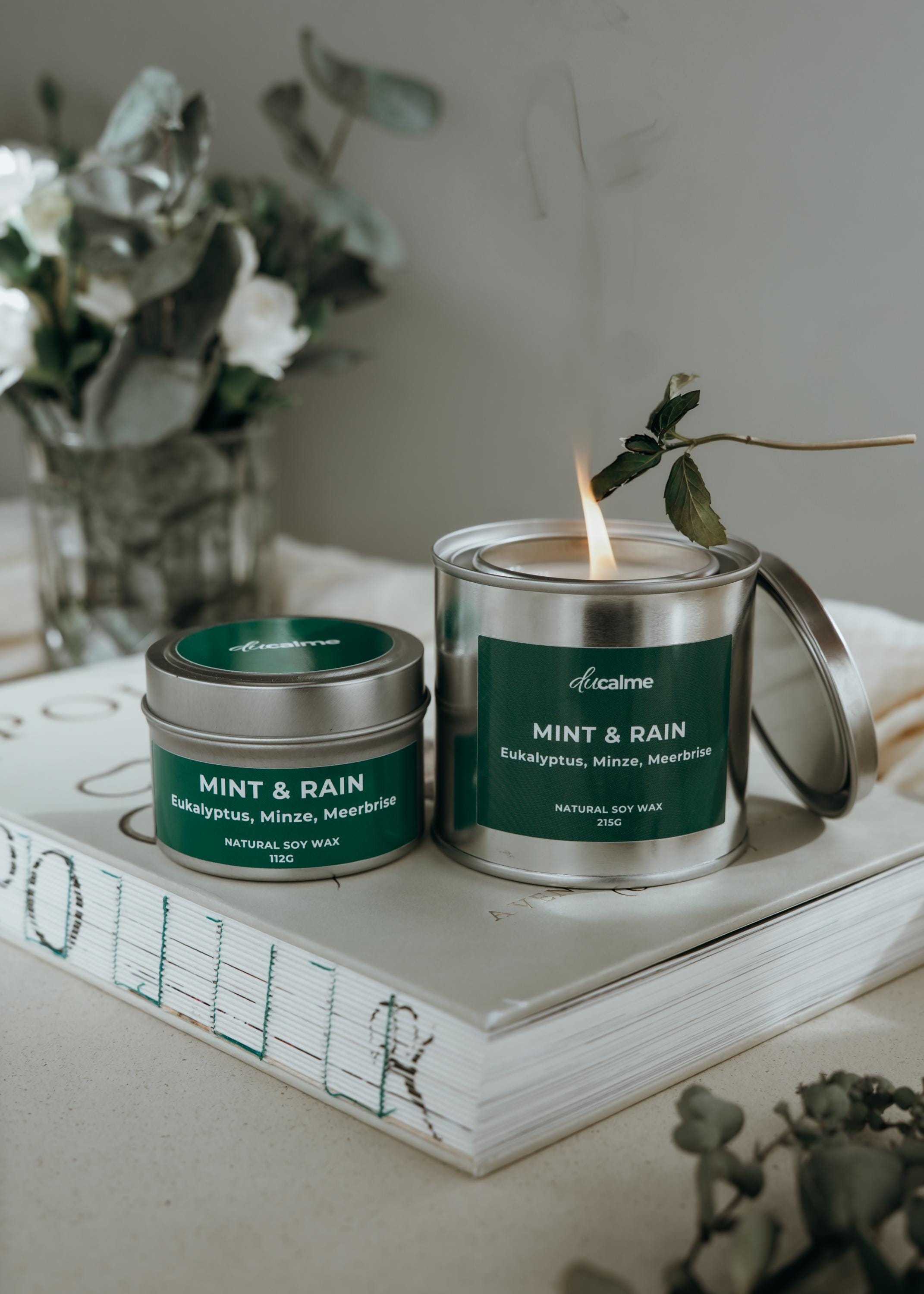 Mint&Rain 112G Duftkerze - Handgemachte Sojawachskerze mit Holzdocht, Natur Kerze für Entspannung und Frische, Geschenkidee
