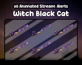 Alertas de transmisión animadas de gato negro brujo x6 Gráficos divertidos de Halloween para Twitch (WEBM)
