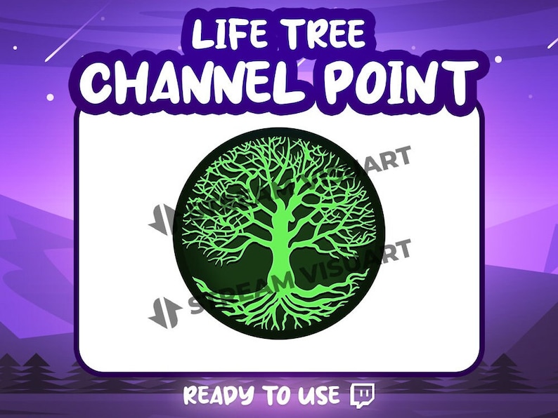 K&ouml;nnte beinhalten: Digitalgrafik mit dem Text "LIFE TREE CHANNEL POINT" in Wei&szlig; und Lila. Ein gr&uuml;nes Baumdesign ist auf einem schwarzen Kreis zentriert. Die Worte "READY TO USE" stehen unten.