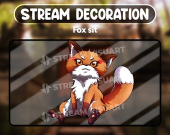 May include: A cartoon fox with orange fur, white chest, and a bushy tail sits with its paws crossed. The fox has red cheeks and yellow eyes. The image is titled "Fox sit" and is part of a stream decoration set.