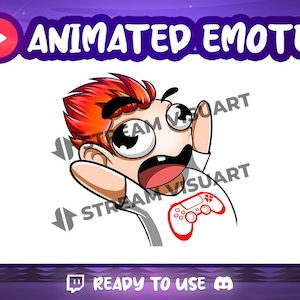 May include: Animated Twitch emote featuring a cartoon character with red hair, a white shirt, and a red video game controller. The character has a surprised expression with their mouth open and their eyes wide. The emote is ready to use.