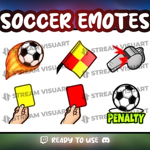 以下が含まれることがあります： サッカーをテーマにしたTwitchエモートのセットです。エモートには、燃えているサッカーボール、イエローカード、レッドカード、稲妻が走るホイッスル、サッカーボールに「ペナルティ」の文字、黄色のストライプと赤いストライプのレフェリーフラッグが含まれています。