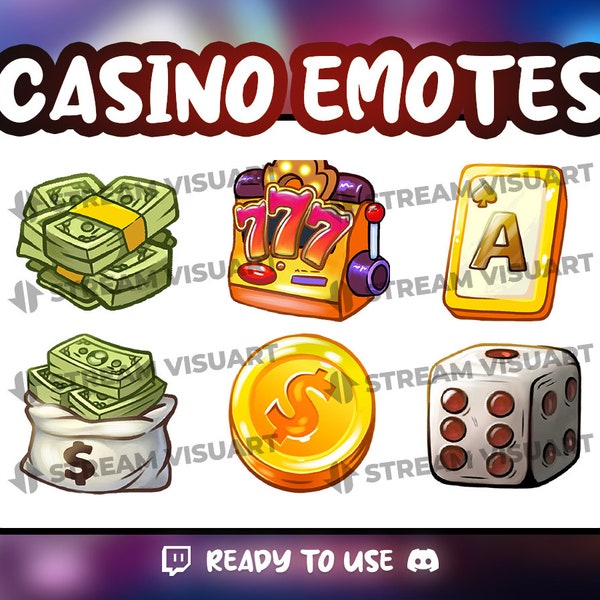 Casino Twitch Emotes Pack 6x Juego Juegos de azar Tarjeta Tragamonedas Máquina Dinero Diversión Dados Gráficos Sub Emoticonos Discord Emojis Kick Descarga instantánea