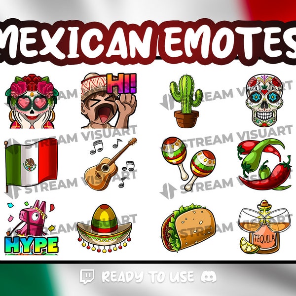 Mexican Twitch Emotes Pack 12x Chili Tequila Mexico Sombrero Fiesta Tacos Graphics Sub Emoticons Discord Emojis Kick Instant Download