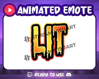 May include: Animated Twitch emote with the word "LIT" in a dripping, black outline with a yellow to orange gradient fill.