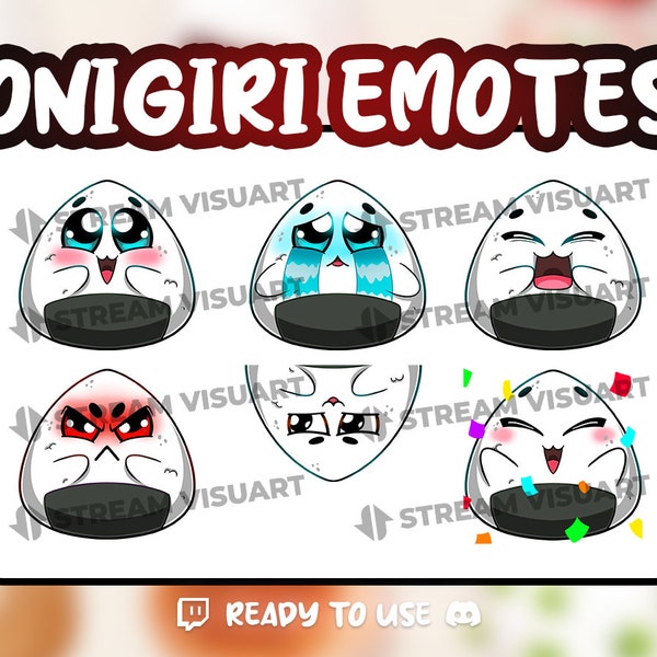 Onigiri Twitch Emotes Pack 6x Rice Ball Cibo giapponese Kawaii Asian Bento Box Grafica Sub Emoticon Discord Emoji Calcio Download istantaneo