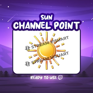 Peut inclure: Un carré blanc avec un graphique de soleil jaune et le texte "SUN CHANNEL POINT" au-dessus du soleil et "READY TO USE" en dessous du soleil. L'arrière-plan est un dégradé violet avec des étoiles.