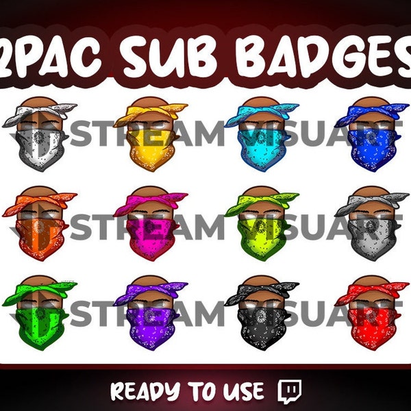 2Pac Twitch Sub Badges Tupac Shakur Rap Hip Hop West Coast Thug Life Gangsta Mask Scarf Bit Badges Gaming Streaming Gift for Streamers