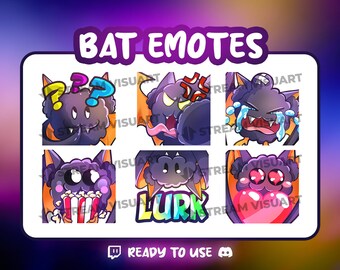 Paquete de 6 emoticonos Kawaii de murciélagos para Twitch y Discord (PNG)