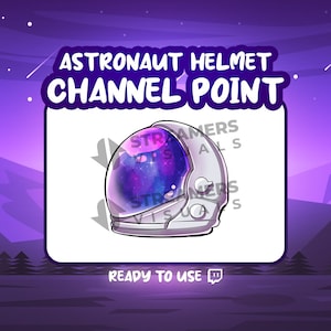 Op de afbeelding: Een witte astronautenhelm met een galaxy-thema vizier. De helm is een kanaalpuntbeloning voor Twitch-streamers. De tekst "Astronaut Helmet Channel Point" staat bovenaan de afbeelding. De tekst "Ready to Use" staat onderaan de afbeelding met een Twitch-logo.
