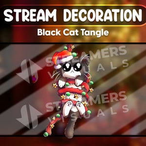 May include: A cartoon illustration of a black and white cat tangled in Christmas lights and wearing a Santa hat. The text "STREAM DECORATION" and "Black Cat Tangle" are displayed above the cat. The background is a blurred gradient of red and brown.