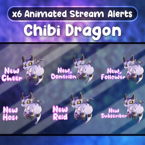 Chibi Dragon x6 Animated Alert Box Cute Kawaii Manga Purple Fire Streamer Gift Aesthetic Twitch Gaming Chat Webcam OBS Streamlabs Digital