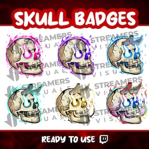 May include: Six skull badges with flames and horns in different colors, including pink, blue, yellow, and green. The text "SKULL BADGES" is at the top of the image. The text "READY TO USE" is at the bottom of the image.