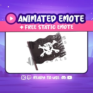May include: Animated Twitch emote featuring a black pirate flag with a white skull and crossbones. The flag is waving in the wind. The text "STREAMERS VISUALS" is on the flag. The emote is ready to use.